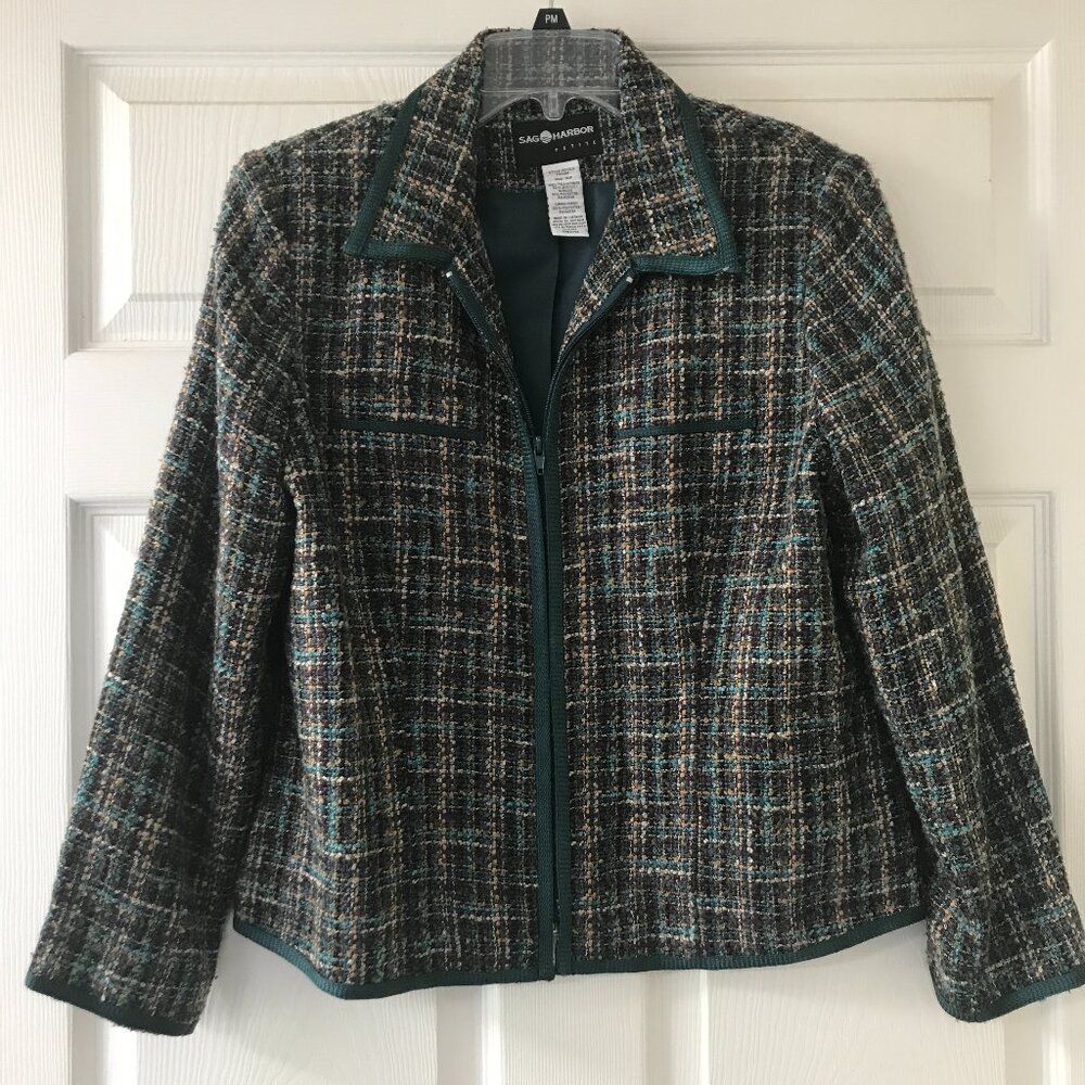 Vintage ladies blazer Sag Harbor Petite Size 10P Green Plaid Tweed Zip Jacket